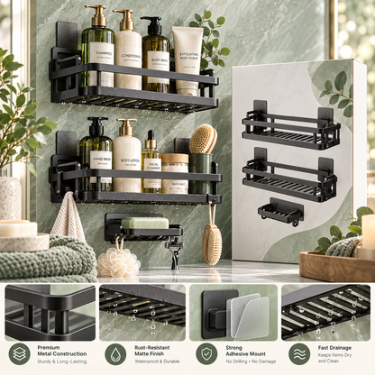 🚿✨ HUSKEER® HydroTier Pro Wall-Mounted Shower Caddy – Rust-Resistant Bathroom Organizer with Strong Adhesive Mount, Fast-Drain Open Shelves, Multi-Level Storage & Easy Access for Shampoo, Soap and Shower Essentials 🌟
