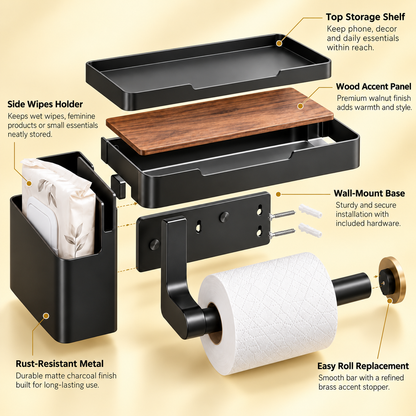 🧻✨ HUSKEER® PaperNest Pro Toilet Paper Holder with Storage Shelf – Rust-Resistant Wall-Mounted Tissue Organizer with Easy Roll Change, Space-Saving Top Tray & Convenient Storage for Phones, Wipes and Bathroom Essentials 🌟