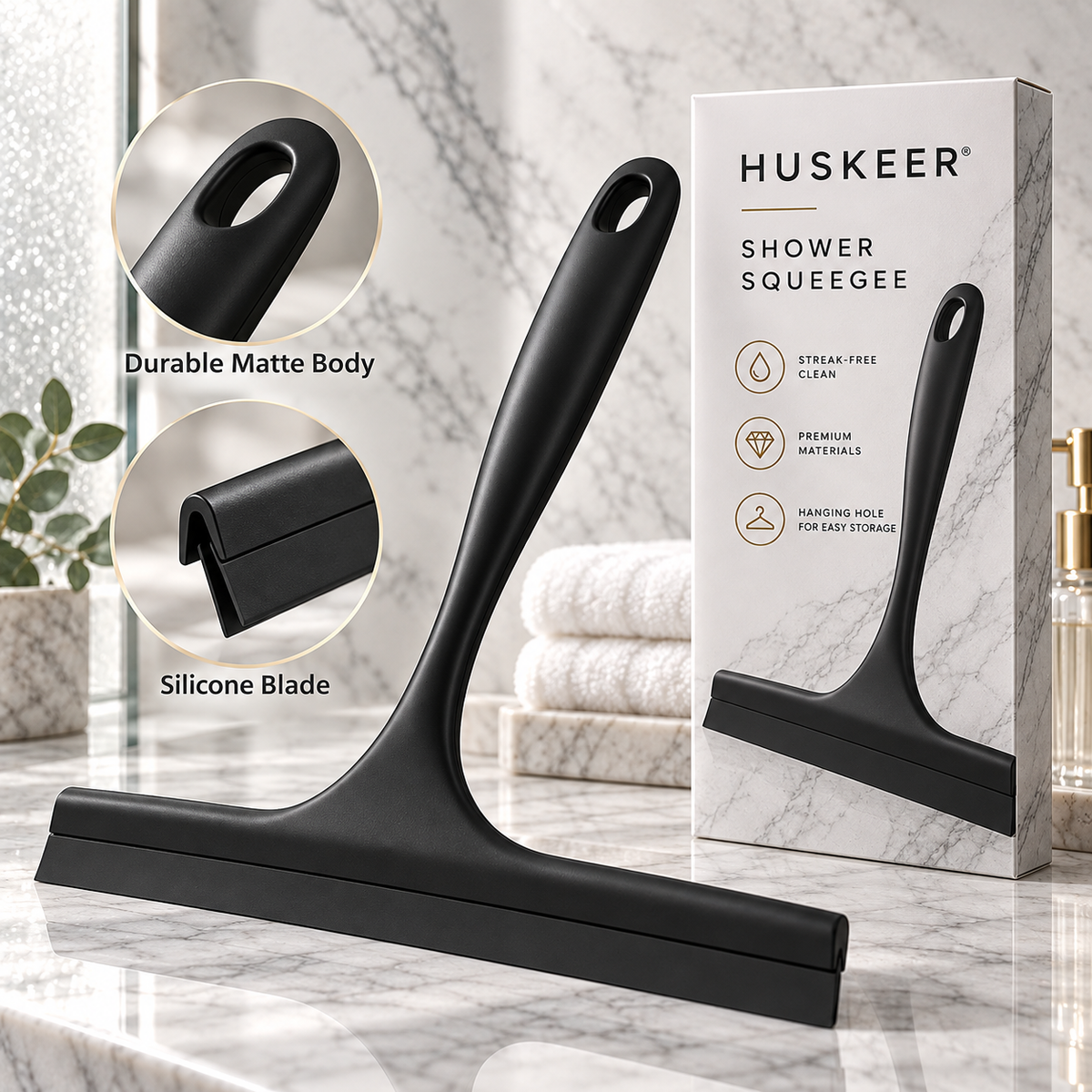 🚿✨ HUSKEER® AquaGlide Pro Shower Squeegee – Flexible Silicone Glass Wiper with Non-Slip Comfort Grip, Streak-Free Quick-Dry Cleaning & Space-Saving Hanging Design for Shower Doors, Mirrors, Tiles and Bathroom Surfaces 🌟