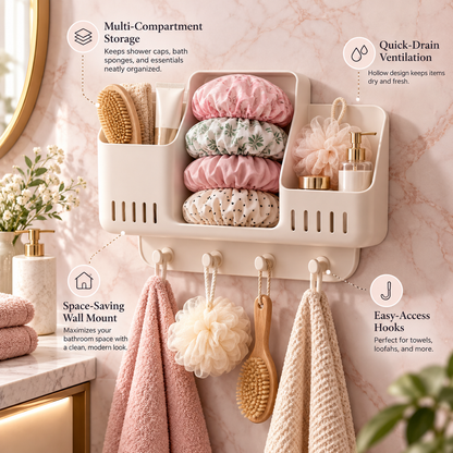 🛁✨ HUSKEER® AquaCaddy Pro Shower Cap & Bath Accessories Organizer – Multi-Compartment Hanging Bathroom Storage with Quick-Drain Ventilation, Space-Saving Design & Easy Organization for Shower Caps, Sponges and Bath Essentials 🌟