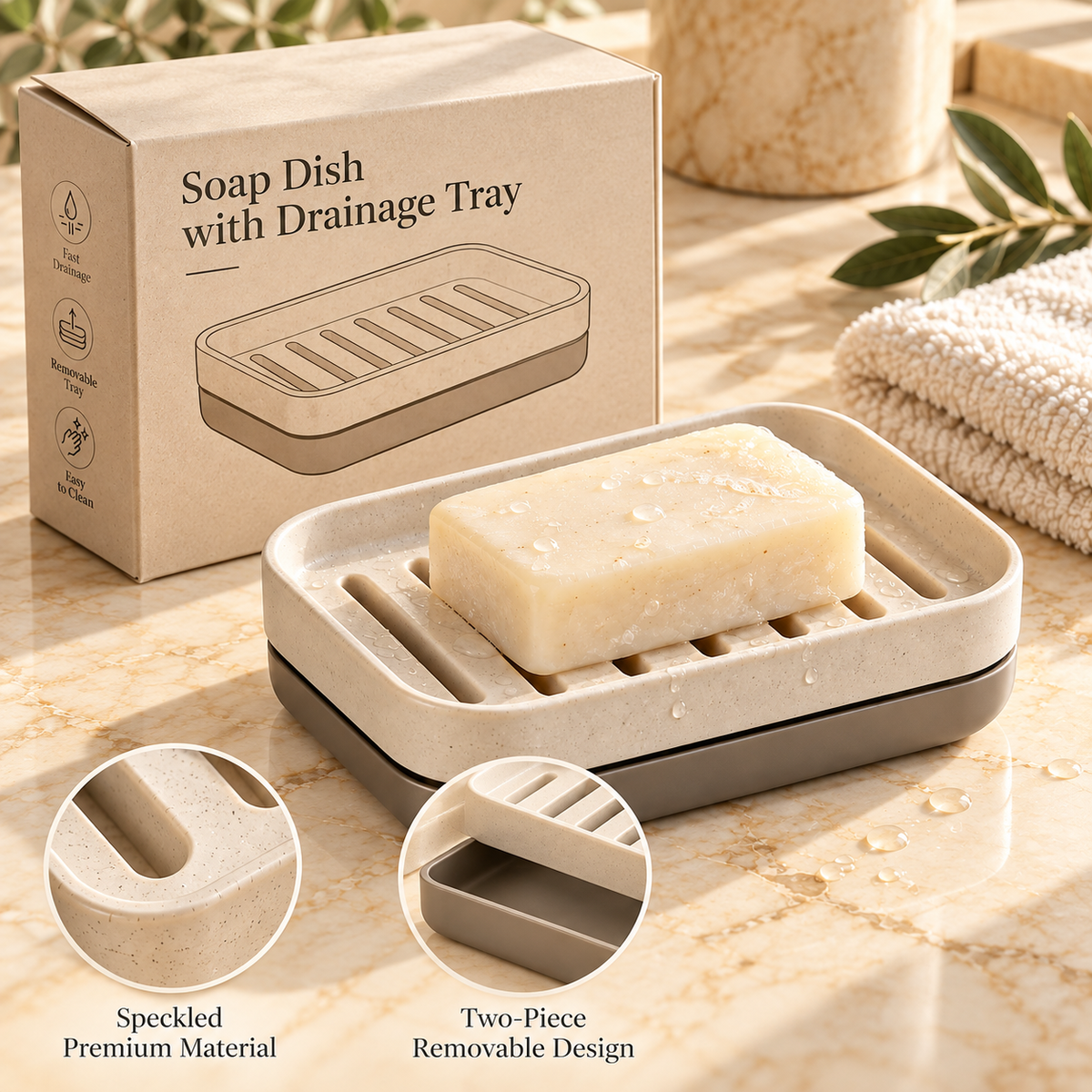 🧼✨ HUSKEER® PureFlow Pro Soap Dish with Drainage Tray – Quick-Drain Raised Soap Holder with Removable Drip Tray, Anti-Slip Base & Easy-Clean Design for Bathroom, Shower, Sink and Kitchen Use 🌟