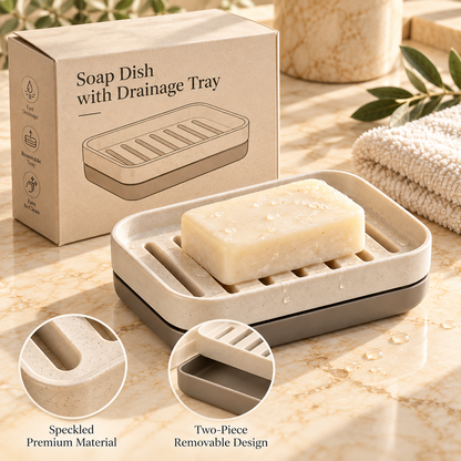 🧼✨ HUSKEER® PureFlow Pro Soap Dish with Drainage Tray – Quick-Drain Raised Soap Holder with Removable Drip Tray, Anti-Slip Base & Easy-Clean Design for Bathroom, Shower, Sink and Kitchen Use 🌟