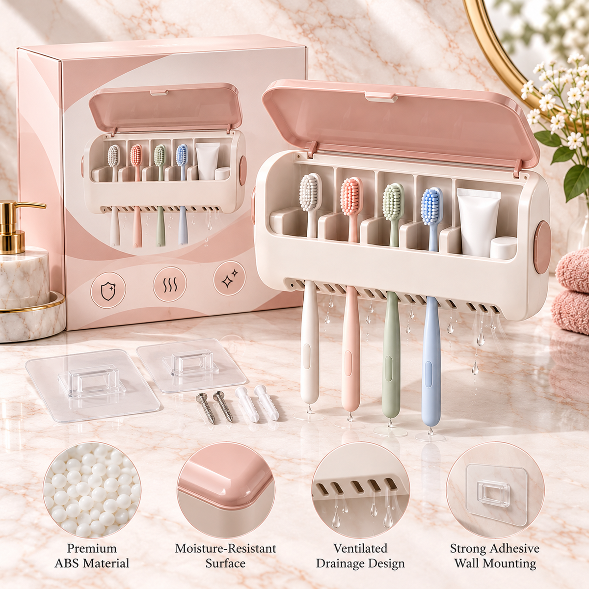 🪥✨ HUSKEER® CleanNest Pro Toothbrush Holder with Protective Cover – Dust-Resistant Wall-Mounted Organizer with Ventilated Drainage, Space-Saving Storage & Easy-Clean Design for Family Bathrooms 🌟