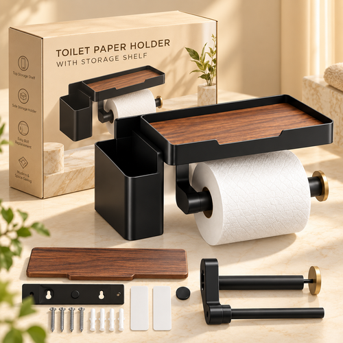🧻✨ HUSKEER® PaperNest Pro Toilet Paper Holder with Storage Shelf – Rust-Resistant Wall-Mounted Tissue Organizer with Easy Roll Change, Space-Saving Top Tray & Convenient Storage for Phones, Wipes and Bathroom Essentials 🌟