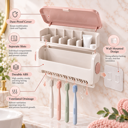 🪥✨ HUSKEER® CleanNest Pro Toothbrush Holder with Protective Cover – Dust-Resistant Wall-Mounted Organizer with Ventilated Drainage, Space-Saving Storage & Easy-Clean Design for Family Bathrooms 🌟
