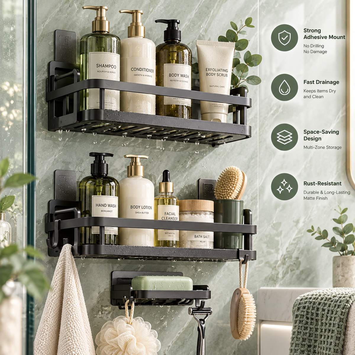 🚿✨ HUSKEER® HydroTier Pro Wall-Mounted Shower Caddy – Rust-Resistant Bathroom Organizer with Strong Adhesive Mount, Fast-Drain Open Shelves, Multi-Level Storage & Easy Access for Shampoo, Soap and Shower Essentials 🌟