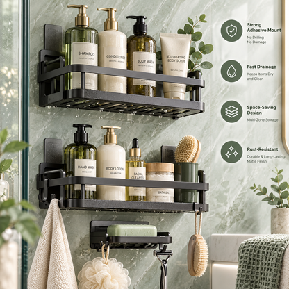 🚿✨ HUSKEER® HydroTier Pro Wall-Mounted Shower Caddy – Rust-Resistant Bathroom Organizer with Strong Adhesive Mount, Fast-Drain Open Shelves, Multi-Level Storage & Easy Access for Shampoo, Soap and Shower Essentials 🌟