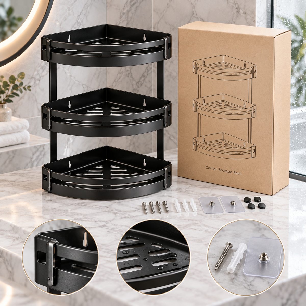 🛁✨ HUSKEER® AquaTier Pro Corner Shower Organizer – Multi-Level Wall-Mounted Bathroom Storage Rack with Quick-Drain Shelves, Rust-Resistant Frame & Space-Saving Design for Shampoo, Soap and Daily Shower Essentials 🌟