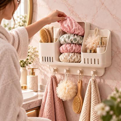 🛁✨ HUSKEER® AquaCaddy Pro Shower Cap & Bath Accessories Organizer – Multi-Compartment Hanging Bathroom Storage with Quick-Drain Ventilation, Space-Saving Design & Easy Organization for Shower Caps, Sponges and Bath Essentials 🌟