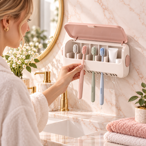 🪥✨ HUSKEER® CleanNest Pro Toothbrush Holder with Protective Cover – Dust-Resistant Wall-Mounted Organizer with Ventilated Drainage, Space-Saving Storage & Easy-Clean Design for Family Bathrooms 🌟