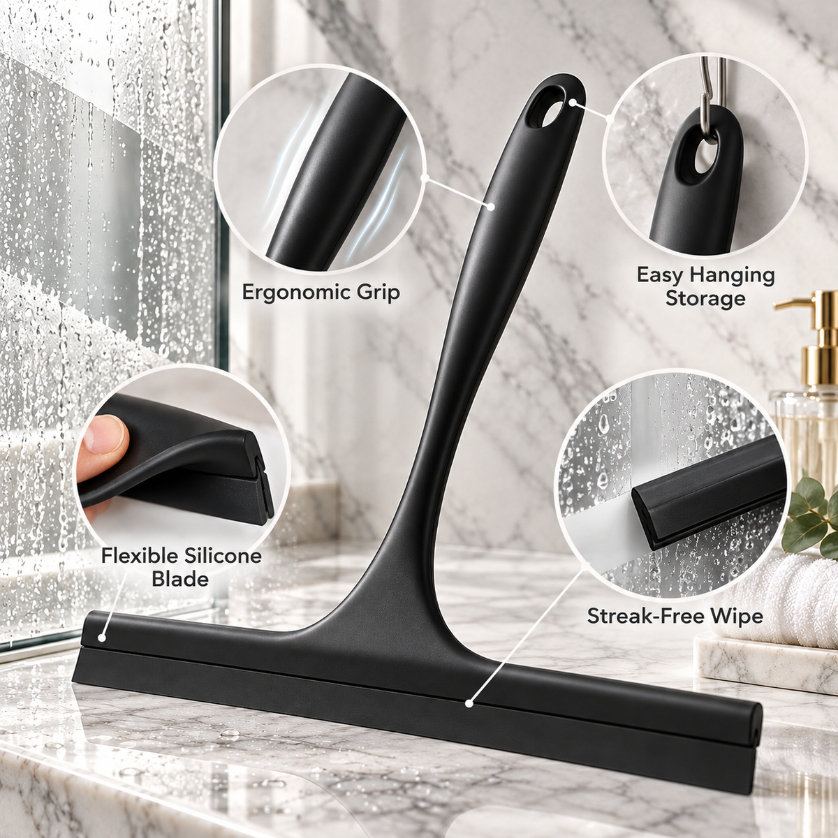 🚿✨ HUSKEER® AquaGlide Pro Shower Squeegee – Flexible Silicone Glass Wiper with Non-Slip Comfort Grip, Streak-Free Quick-Dry Cleaning & Space-Saving Hanging Design for Shower Doors, Mirrors, Tiles and Bathroom Surfaces 🌟