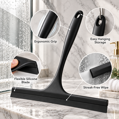 🚿✨ HUSKEER® AquaGlide Pro Shower Squeegee – Flexible Silicone Glass Wiper with Non-Slip Comfort Grip, Streak-Free Quick-Dry Cleaning & Space-Saving Hanging Design for Shower Doors, Mirrors, Tiles and Bathroom Surfaces 🌟