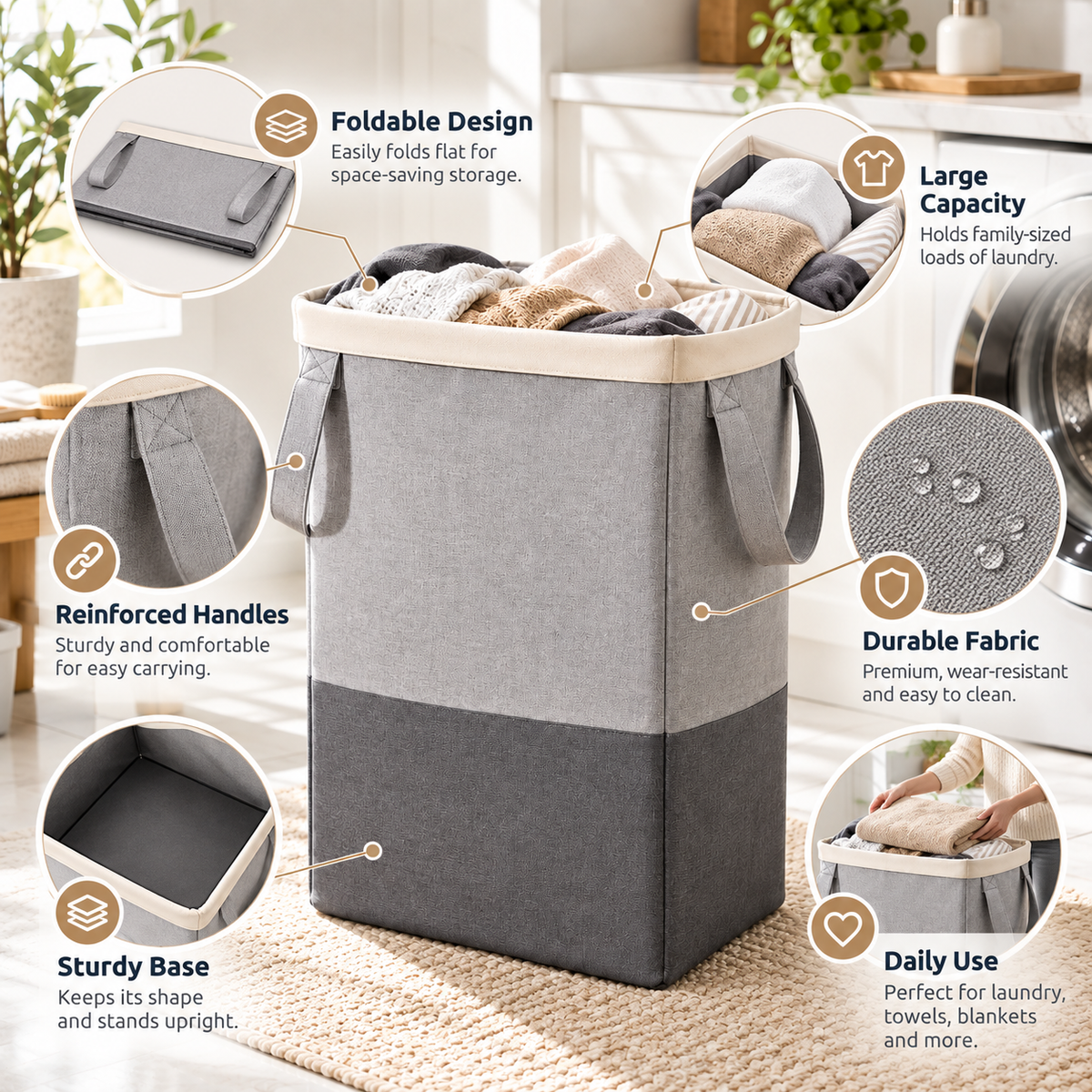🧺✨ HUSKEER® FlexiNest Pro Foldable Laundry Hamper – Collapsible Space-Saving Basket with Comfortable Carry Handles, Generous Storage Capacity & Easy-Fold Design for Clothes, Towels and Everyday Home Organization 🌟