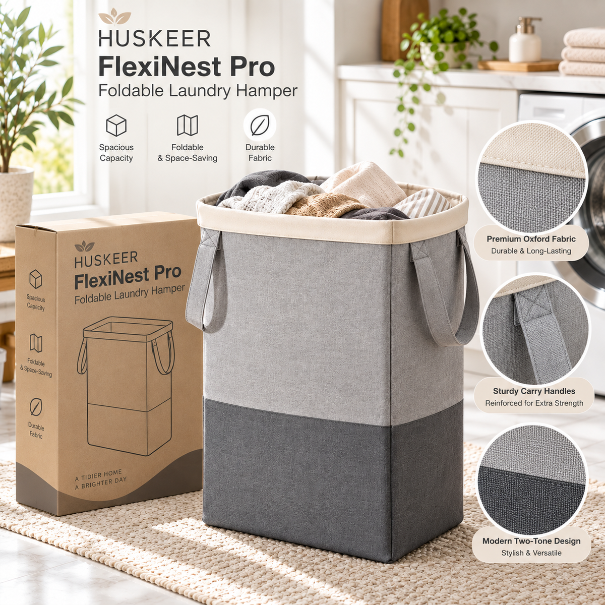 🧺✨ HUSKEER® FlexiNest Pro Foldable Laundry Hamper – Collapsible Space-Saving Basket with Comfortable Carry Handles, Generous Storage Capacity & Easy-Fold Design for Clothes, Towels and Everyday Home Organization 🌟