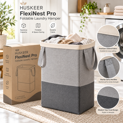 🧺✨ HUSKEER® FlexiNest Pro Foldable Laundry Hamper – Collapsible Space-Saving Basket with Comfortable Carry Handles, Generous Storage Capacity & Easy-Fold Design for Clothes, Towels and Everyday Home Organization 🌟
