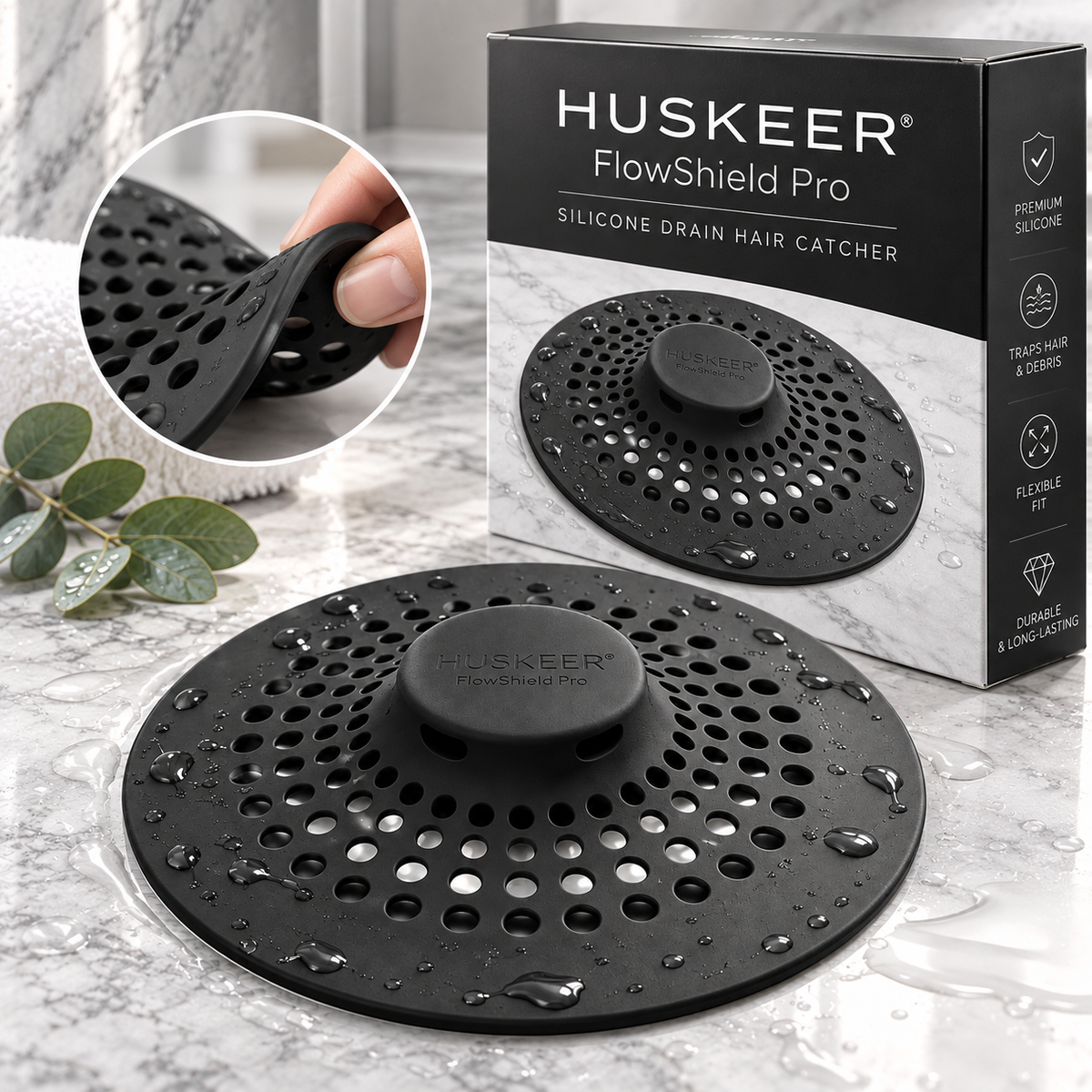 🛁✨ HUSKEER® FlowShield Pro Silicone Drain Hair Catcher – Flexible Anti-Clog Drain Cover with Secure Suction Grip, Rapid Water Flow, Easy-Clean Reusable Design for Showers, Bathtubs & Sinks 🌟