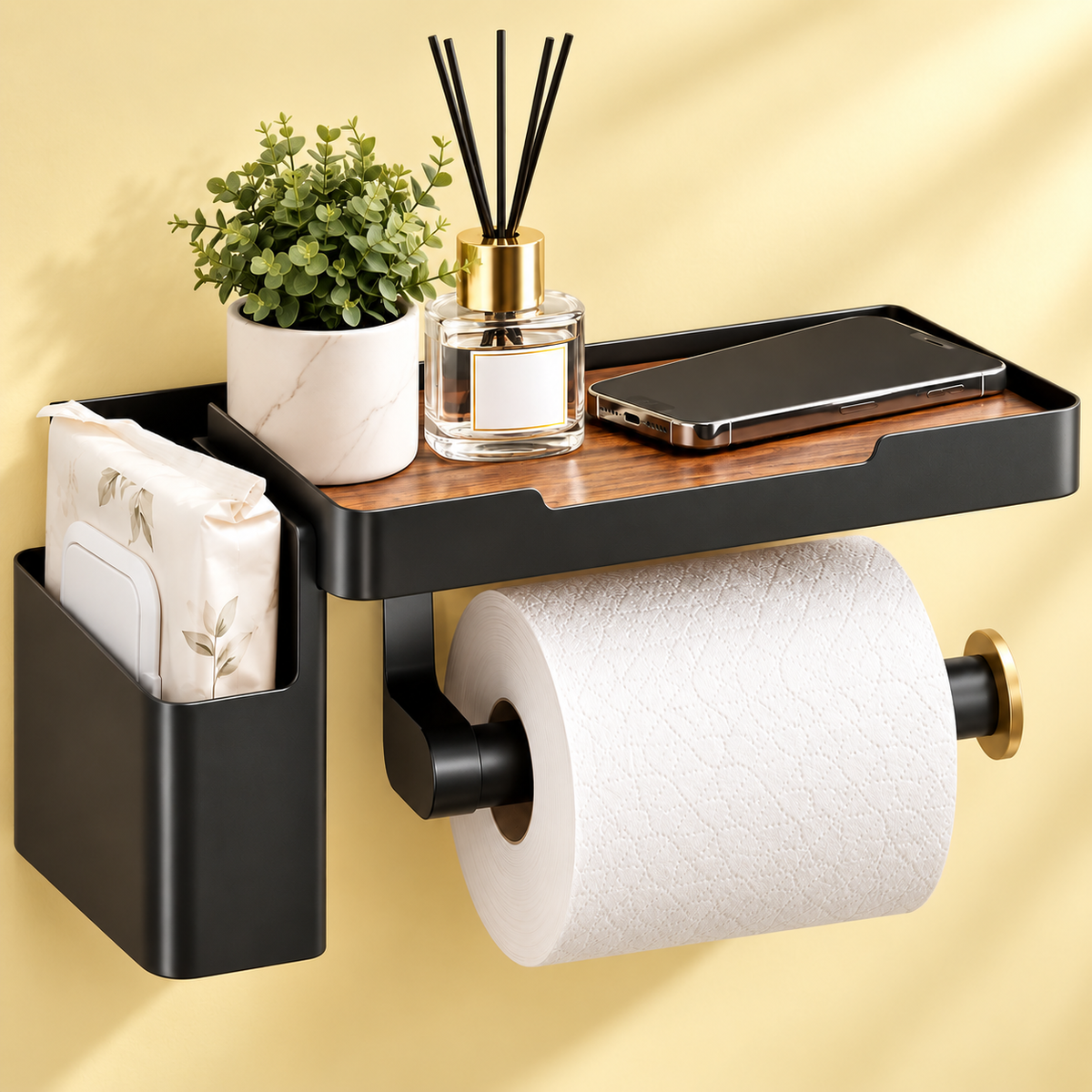 🧻✨ HUSKEER® PaperNest Pro Toilet Paper Holder with Storage Shelf – Rust-Resistant Wall-Mounted Tissue Organizer with Easy Roll Change, Space-Saving Top Tray & Convenient Storage for Phones, Wipes and Bathroom Essentials 🌟