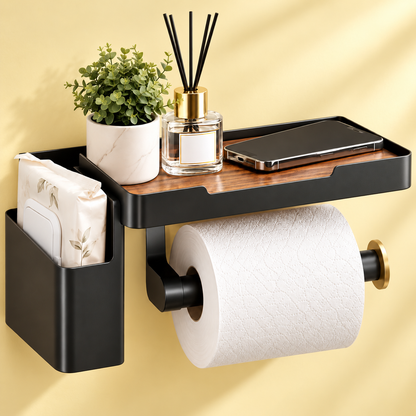 🧻✨ HUSKEER® PaperNest Pro Toilet Paper Holder with Storage Shelf – Rust-Resistant Wall-Mounted Tissue Organizer with Easy Roll Change, Space-Saving Top Tray & Convenient Storage for Phones, Wipes and Bathroom Essentials 🌟