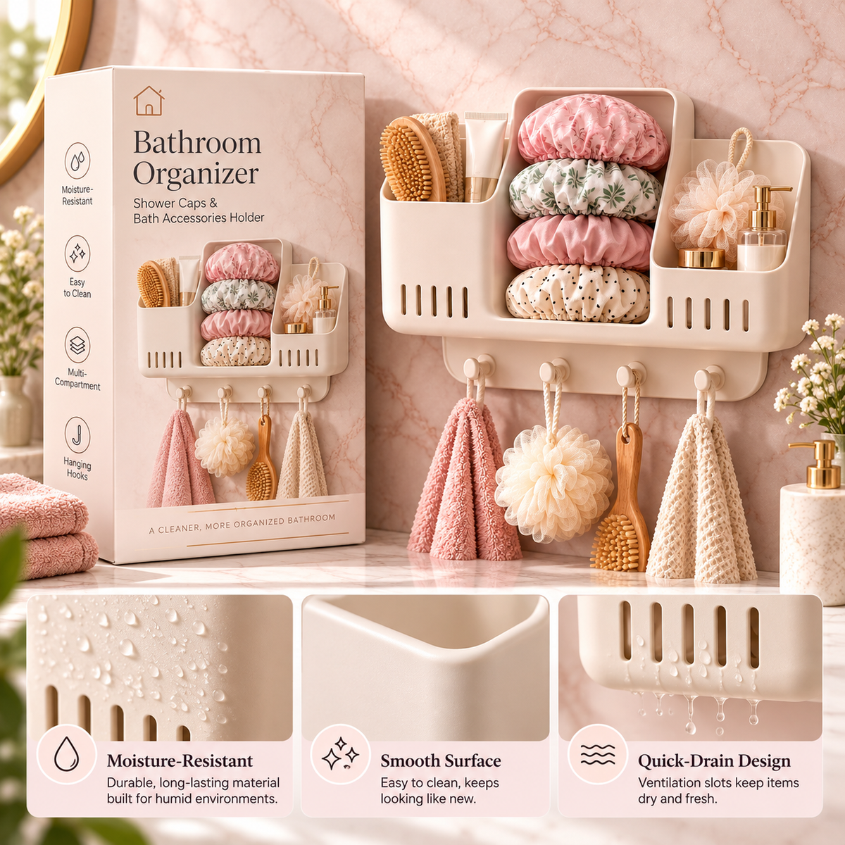 🛁✨ HUSKEER® AquaCaddy Pro Shower Cap & Bath Accessories Organizer – Multi-Compartment Hanging Bathroom Storage with Quick-Drain Ventilation, Space-Saving Design & Easy Organization for Shower Caps, Sponges and Bath Essentials 🌟