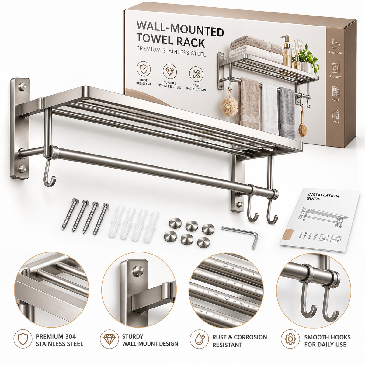 🛁✨ HUSKEER® TowelArc Pro Wall-Mounted Towel Rack – Rust-Resistant Space-Saving Bathroom Organizer with Open-Air Quick-Dry Storage, Secure Wall Installation & Easy-Access Towel Display for Modern Bathrooms 🌟