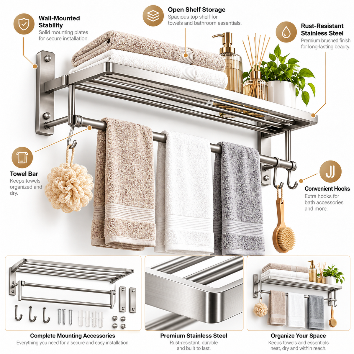 🛁✨ HUSKEER® TowelArc Pro Wall-Mounted Towel Rack – Rust-Resistant Space-Saving Bathroom Organizer with Open-Air Quick-Dry Storage, Secure Wall Installation & Easy-Access Towel Display for Modern Bathrooms 🌟