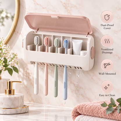 🪥✨ HUSKEER® CleanNest Pro Toothbrush Holder with Protective Cover – Dust-Resistant Wall-Mounted Organizer with Ventilated Drainage, Space-Saving Storage & Easy-Clean Design for Family Bathrooms 🌟