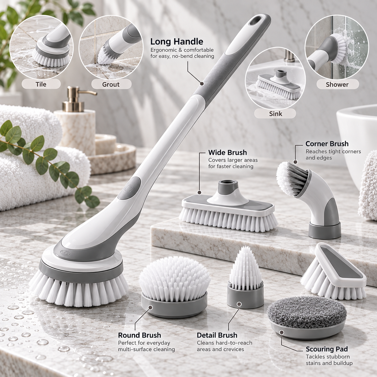 🧽✨ HUSKEER® ScrubNova Pro Bathroom Cleaning Brush Set – Multi-Surface Deep Cleaning Kit for Tile, Grout, Sinks, Tubs & Showers 🌟