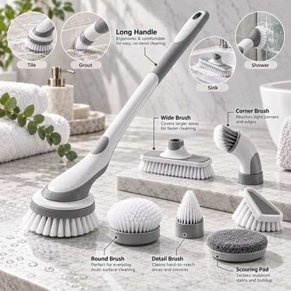 🧽✨ HUSKEER® ScrubNova Pro Bathroom Cleaning Brush Set – Multi-Surface Deep Cleaning Kit for Tile, Grout, Sinks, Tubs & Showers 🌟