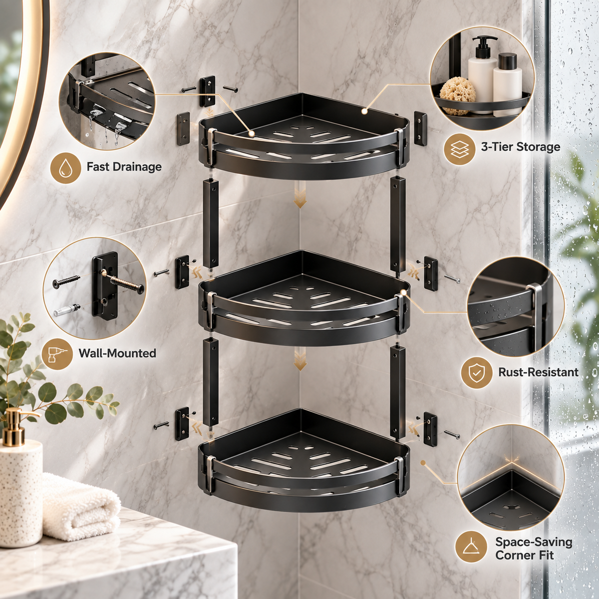 🛁✨ HUSKEER® AquaTier Pro Corner Shower Organizer – Multi-Level Wall-Mounted Bathroom Storage Rack with Quick-Drain Shelves, Rust-Resistant Frame & Space-Saving Design for Shampoo, Soap and Daily Shower Essentials 🌟