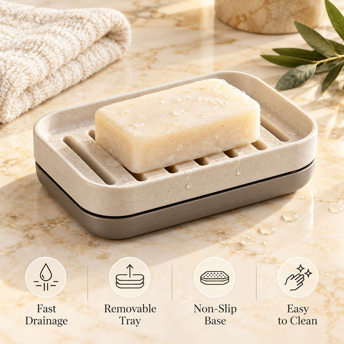 🧼✨ HUSKEER® PureFlow Pro Soap Dish with Drainage Tray – Quick-Drain Raised Soap Holder with Removable Drip Tray, Anti-Slip Base & Easy-Clean Design for Bathroom, Shower, Sink and Kitchen Use 🌟