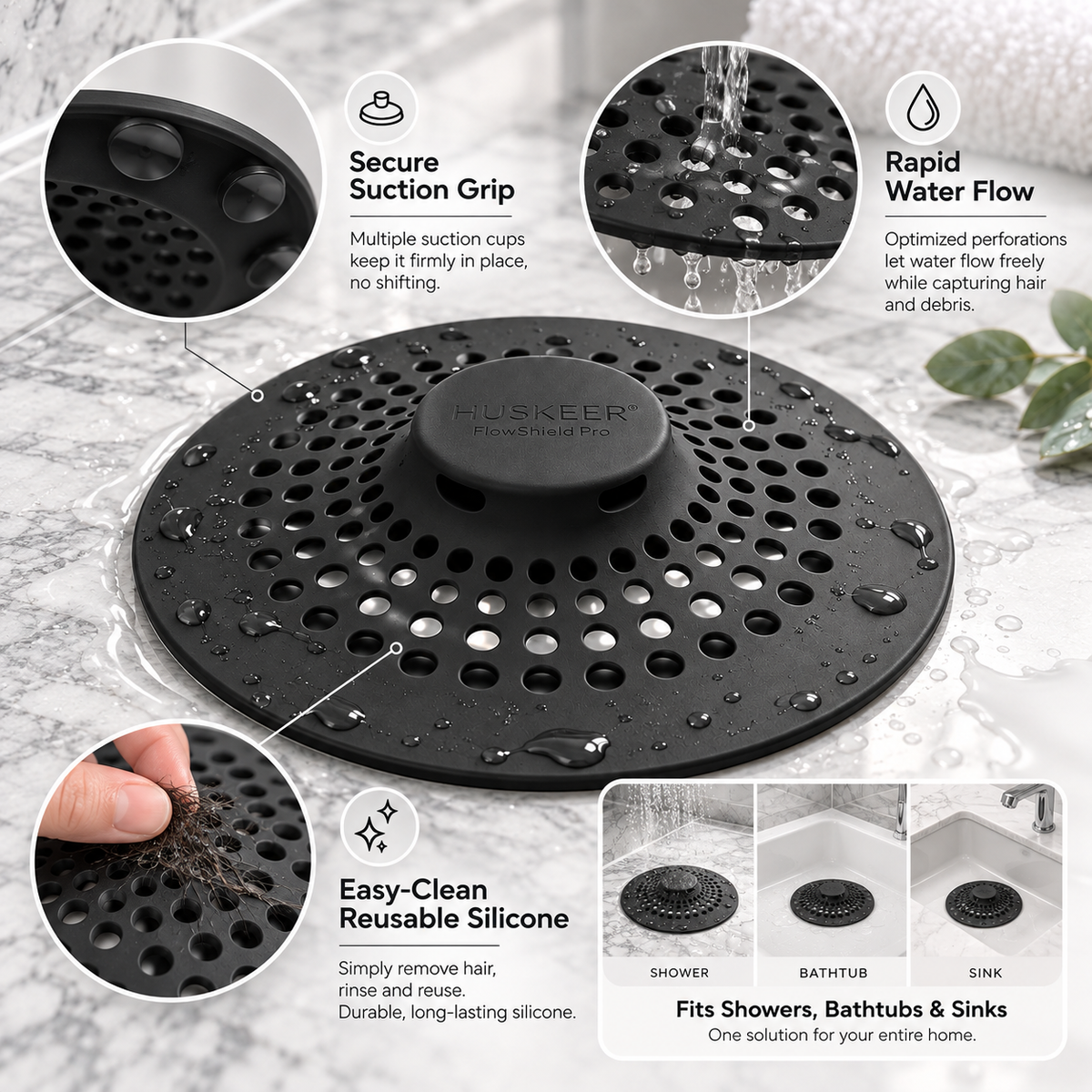 🛁✨ HUSKEER® FlowShield Pro Silicone Drain Hair Catcher – Flexible Anti-Clog Drain Cover with Secure Suction Grip, Rapid Water Flow, Easy-Clean Reusable Design for Showers, Bathtubs & Sinks 🌟