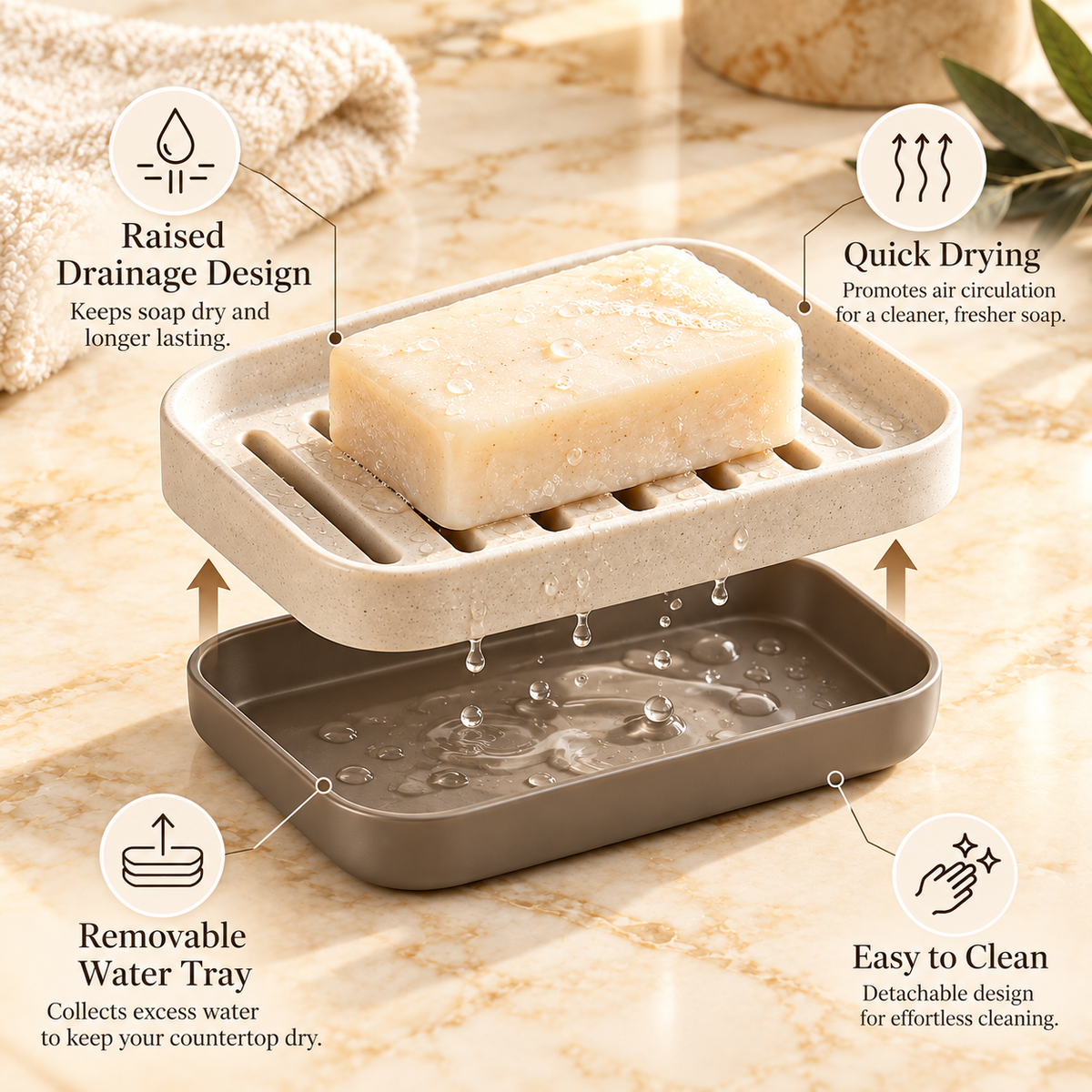 🧼✨ HUSKEER® PureFlow Pro Soap Dish with Drainage Tray – Quick-Drain Raised Soap Holder with Removable Drip Tray, Anti-Slip Base & Easy-Clean Design for Bathroom, Shower, Sink and Kitchen Use 🌟